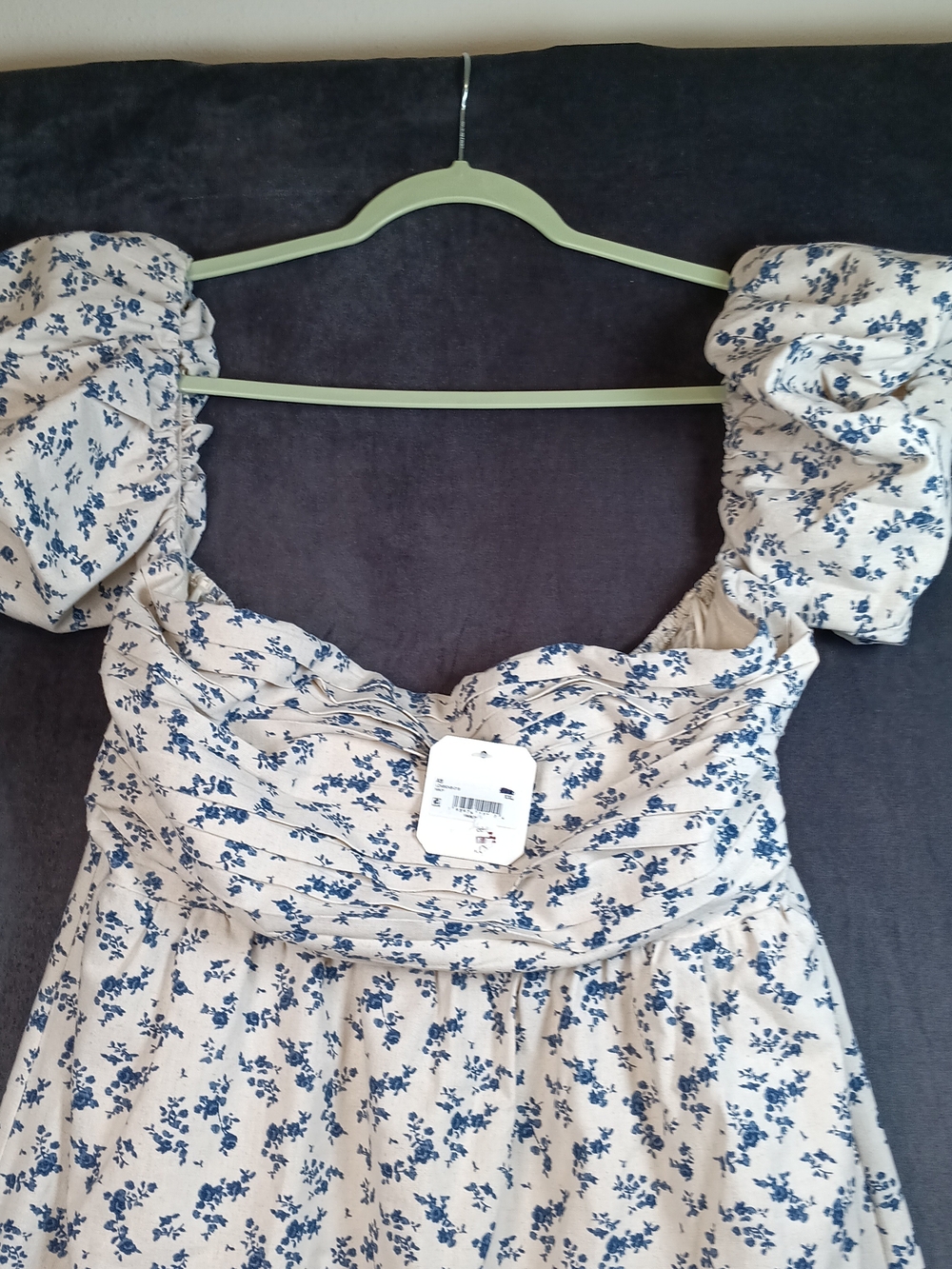 Altar'd State Cream Dress with Blue Floral Print and Puff Sleeves NEW